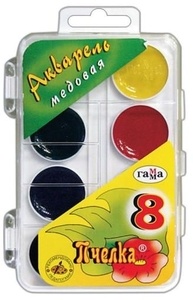 Акварель медовая  8цв "Пчелка" пласт.упак., б/кисти