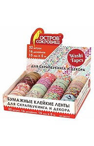 Клейкая WASHI-лента для декора, 15 мм х 5 м, ассорти, в дисплее, рисовая бумага