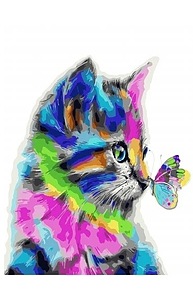 Холст с красками 40х50см Цветной котенок и бабочка