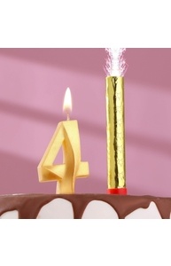 Свеча для торта цифра "Грань + фонтан" золотая "4" 9083258