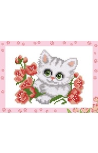 Кристальная (алмазная) мозаика мини-картинка "Котенок с цветочком" 19.5 х